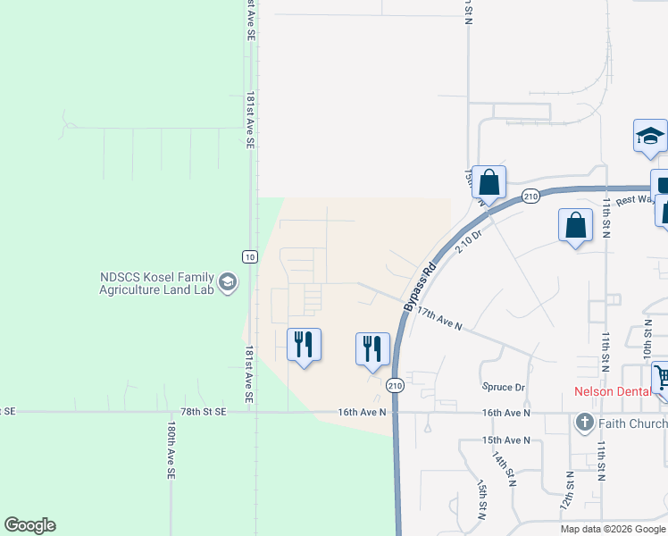 map of restaurants, bars, coffee shops, grocery stores, and more near 1871 17th Avenue North in Wahpeton