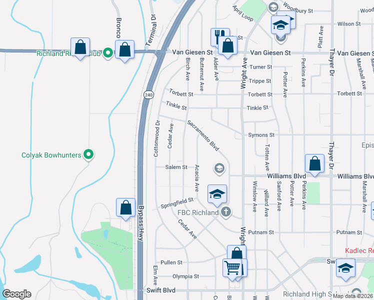 map of restaurants, bars, coffee shops, grocery stores, and more near 1306 Birch Avenue in Richland