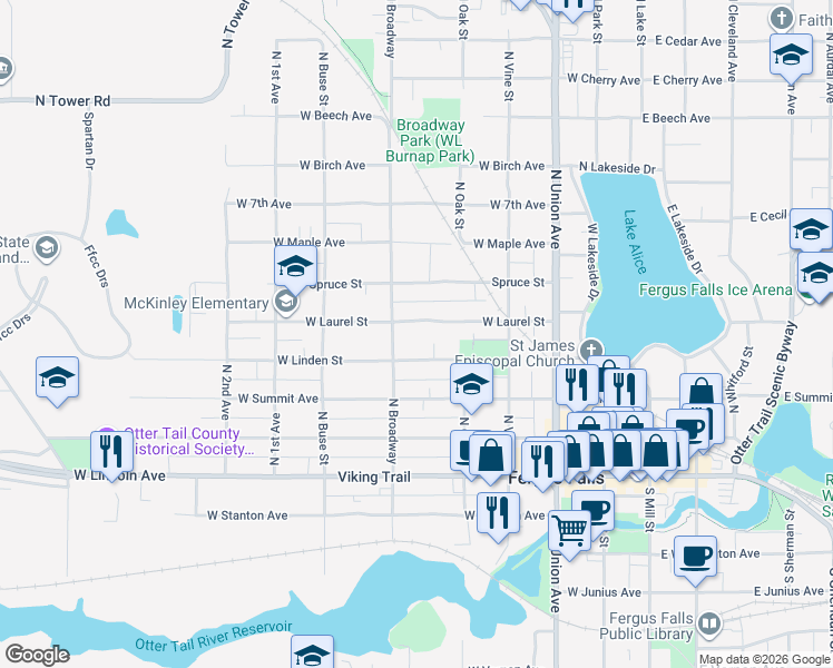 map of restaurants, bars, coffee shops, grocery stores, and more near 526 West Linden Street in Fergus Falls