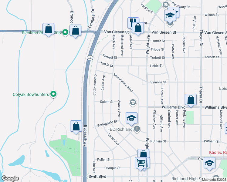 map of restaurants, bars, coffee shops, grocery stores, and more near 1306 Birch Avenue in Richland