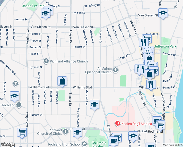 map of restaurants, bars, coffee shops, grocery stores, and more near 1316 Mahan Avenue in Richland