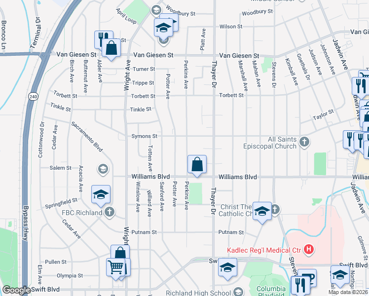 map of restaurants, bars, coffee shops, grocery stores, and more near 1323 Perkins Avenue in Richland