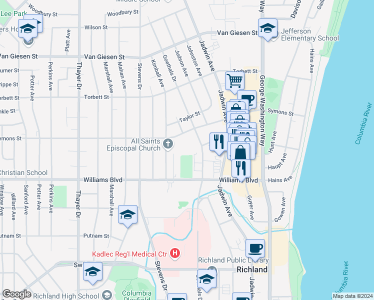 map of restaurants, bars, coffee shops, grocery stores, and more near 706 Williams Blvd in Richland