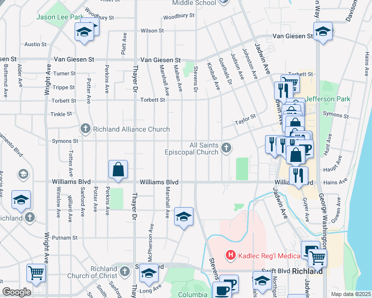 map of restaurants, bars, coffee shops, grocery stores, and more near 1316 Mahan Avenue in Richland