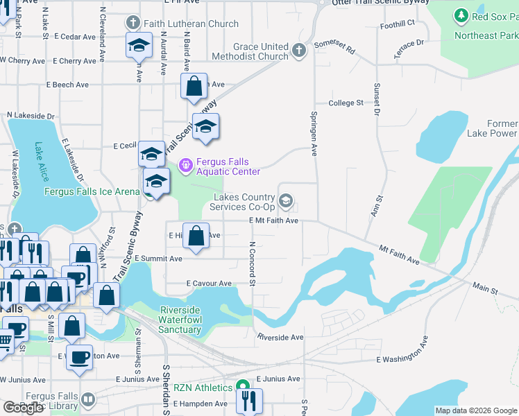 map of restaurants, bars, coffee shops, grocery stores, and more near 1014 Randolph Avenue in Fergus Falls