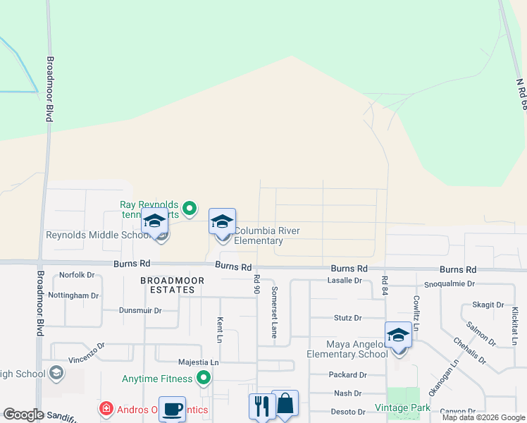 map of restaurants, bars, coffee shops, grocery stores, and more near Burns Road in Pasco