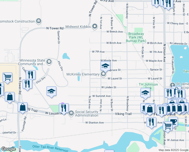 map of restaurants, bars, coffee shops, grocery stores, and more near 816 West Laurel Avenue in Fergus Falls