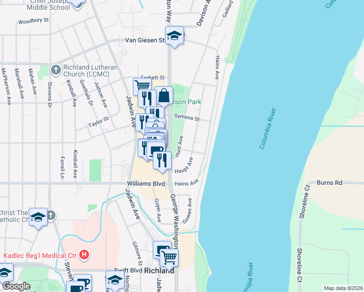 map of restaurants, bars, coffee shops, grocery stores, and more near 1332 Hunt Avenue in Richland