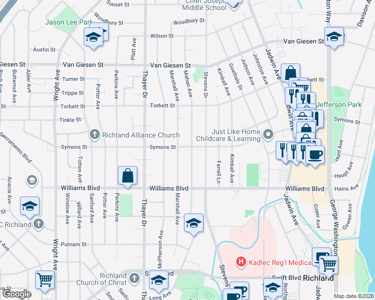 map of restaurants, bars, coffee shops, grocery stores, and more near 1400 Mahan Avenue in Richland
