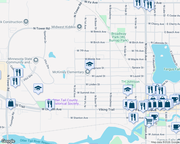 map of restaurants, bars, coffee shops, grocery stores, and more near 724 West Laurel Street in Fergus Falls