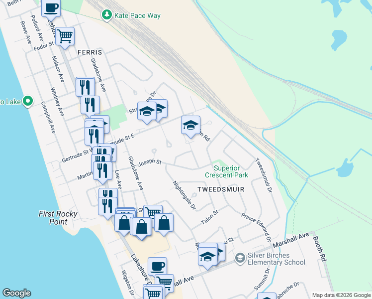 map of restaurants, bars, coffee shops, grocery stores, and more near 17 Woodward Avenue in North Bay