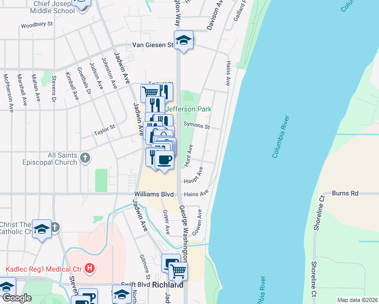 map of restaurants, bars, coffee shops, grocery stores, and more near 1320-1398 George Washington Way in Richland