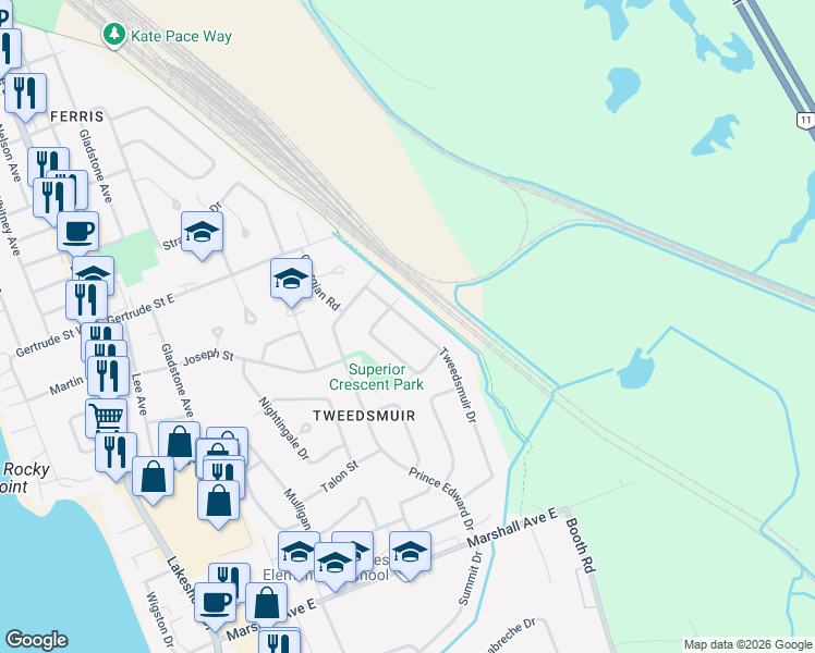 map of restaurants, bars, coffee shops, grocery stores, and more near 20 Tweedsmuir Drive in North Bay