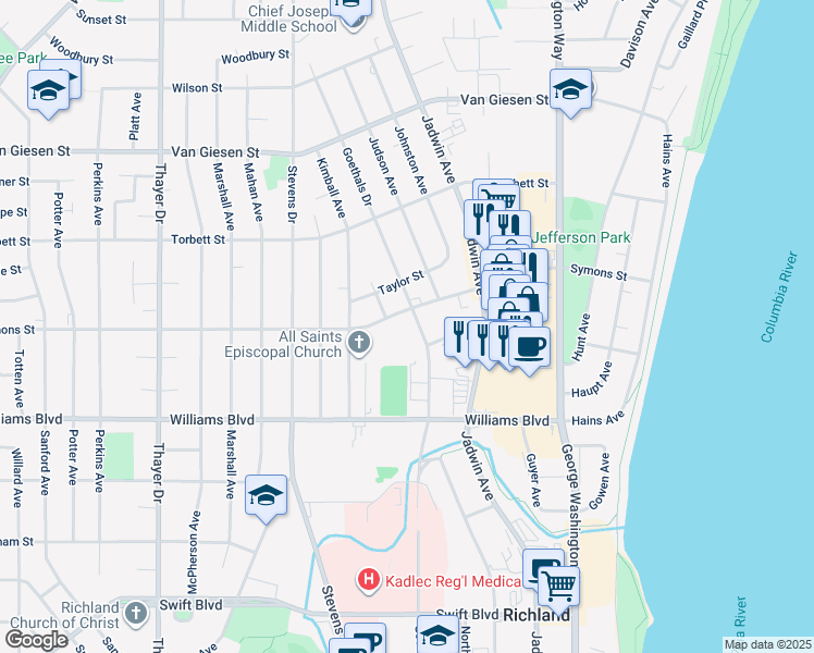 map of restaurants, bars, coffee shops, grocery stores, and more near 1345 Goethals Drive in Richland