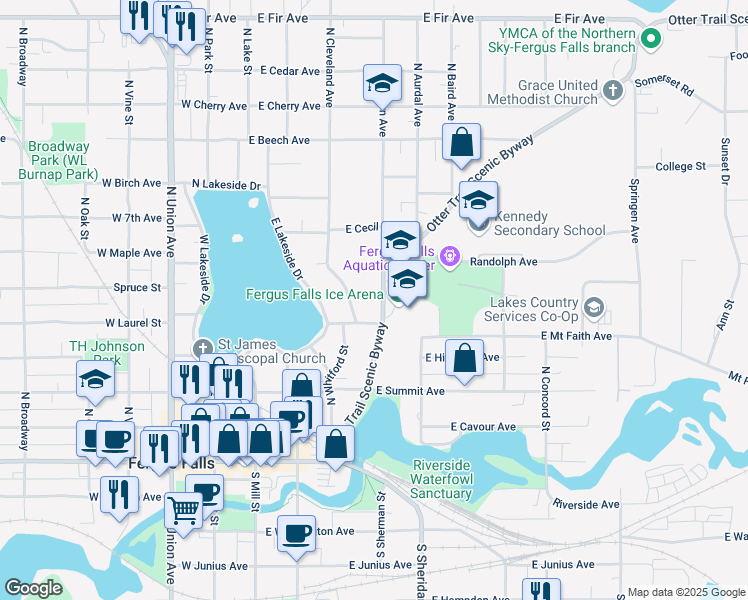 map of restaurants, bars, coffee shops, grocery stores, and more near 417 Friberg Avenue in Fergus Falls