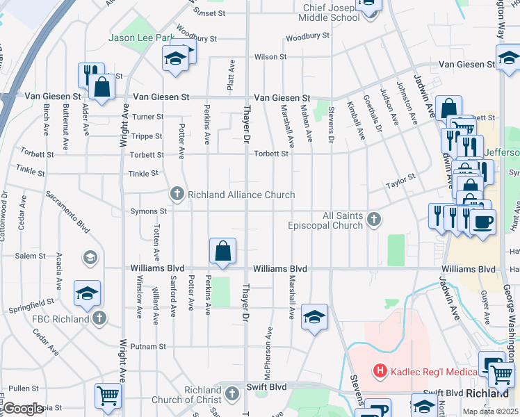map of restaurants, bars, coffee shops, grocery stores, and more near 1308 Symons Street in Richland