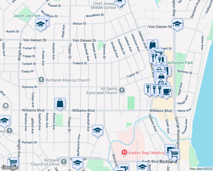 map of restaurants, bars, coffee shops, grocery stores, and more near 906 Symons Street in Richland