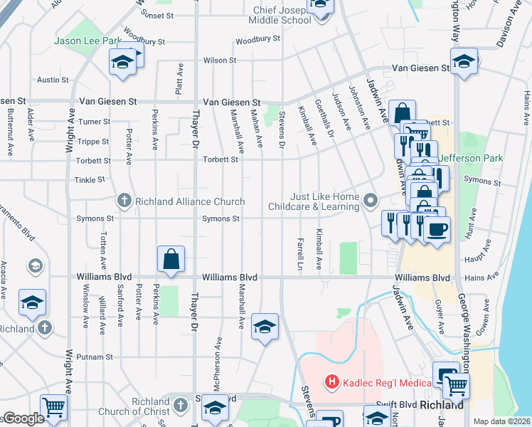 map of restaurants, bars, coffee shops, grocery stores, and more near 1400 Mahan Avenue in Richland