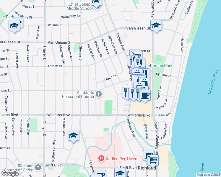 map of restaurants, bars, coffee shops, grocery stores, and more near 1345 Goethals Drive in Richland