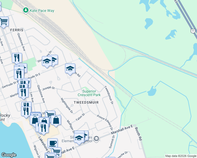 map of restaurants, bars, coffee shops, grocery stores, and more near 20 Tweedsmuir Drive in North Bay