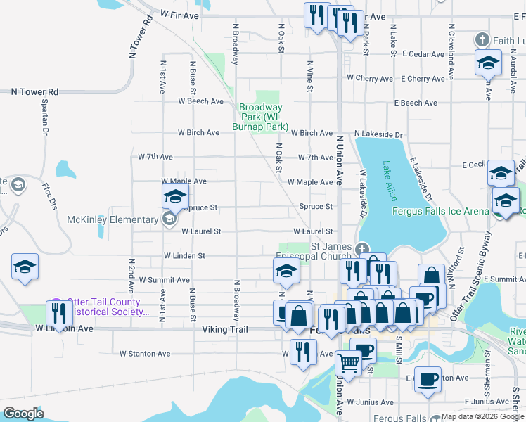 map of restaurants, bars, coffee shops, grocery stores, and more near 517 Spruce Street in Fergus Falls