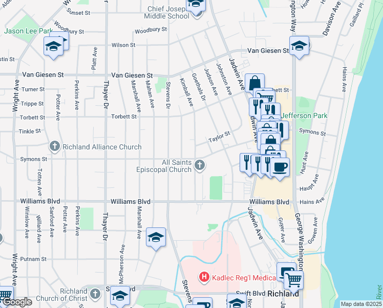 map of restaurants, bars, coffee shops, grocery stores, and more near 1403 Kimball Avenue in Richland