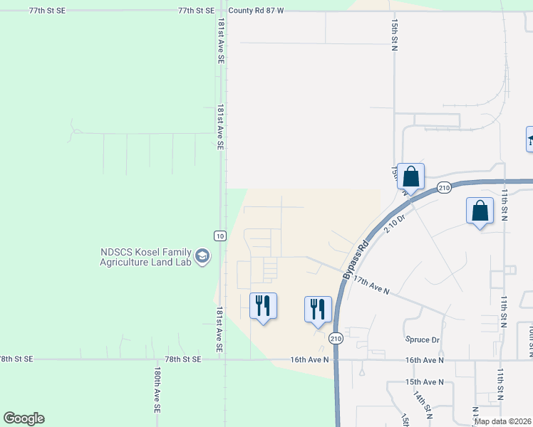 map of restaurants, bars, coffee shops, grocery stores, and more near 7765 181st Avenue Southeast in Wahpeton