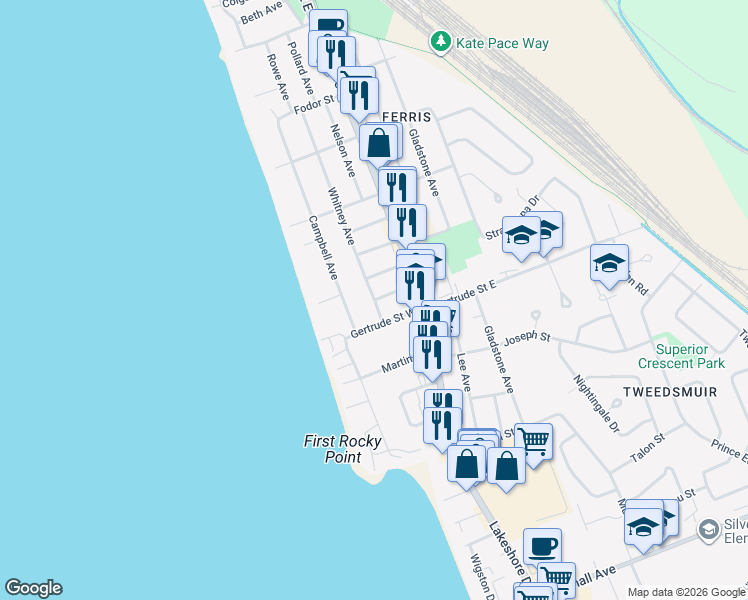 map of restaurants, bars, coffee shops, grocery stores, and more near Cartwright Avenue in North Bay