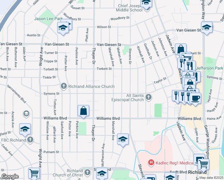 map of restaurants, bars, coffee shops, grocery stores, and more near 1405 Marshall Avenue in Richland