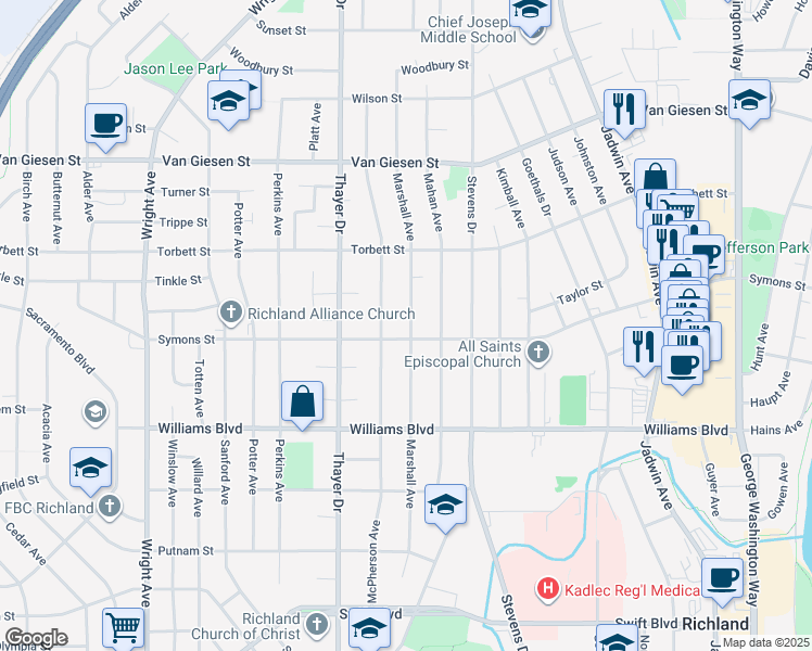 map of restaurants, bars, coffee shops, grocery stores, and more near 1405 Marshall Avenue in Richland