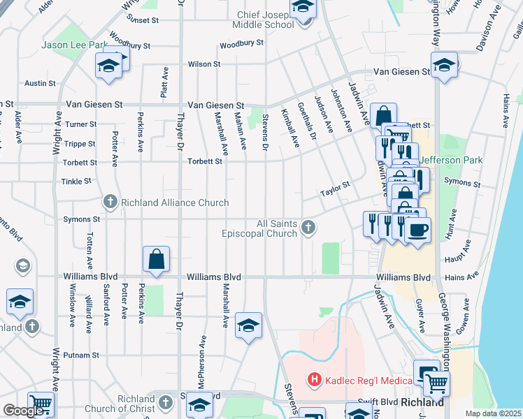 map of restaurants, bars, coffee shops, grocery stores, and more near 906 Symons Street in Richland