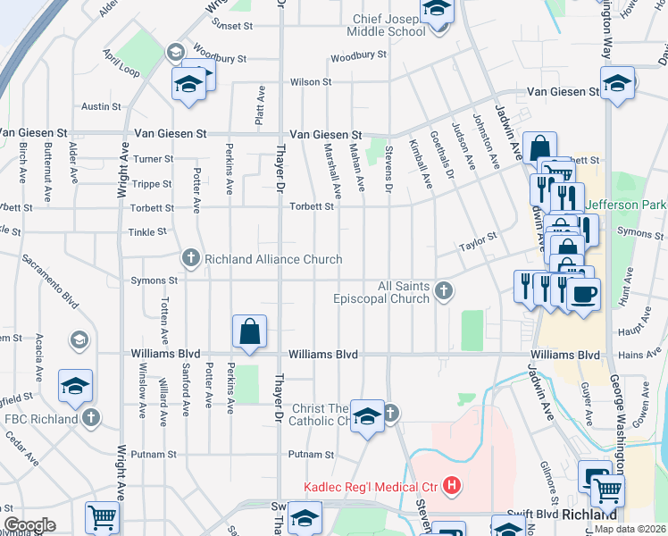 map of restaurants, bars, coffee shops, grocery stores, and more near 1405 Marshall Avenue in Richland