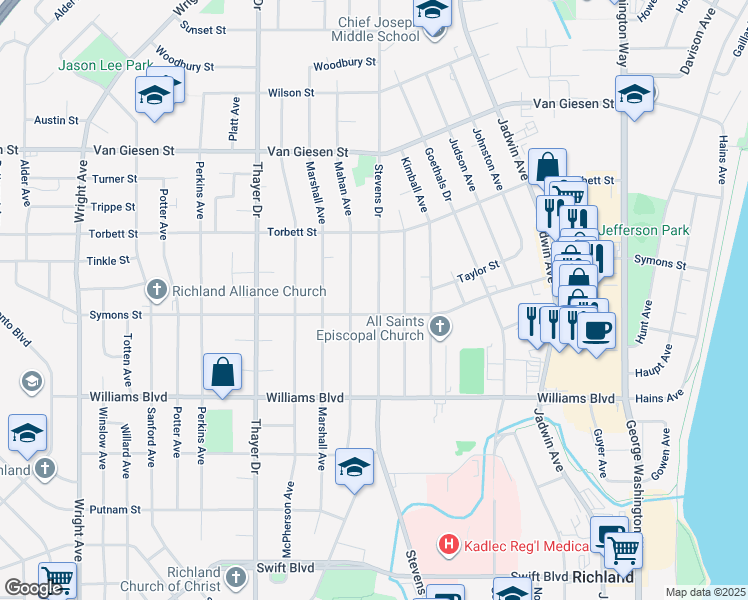 map of restaurants, bars, coffee shops, grocery stores, and more near 906 Symons Street in Richland