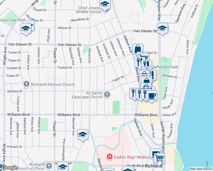 map of restaurants, bars, coffee shops, grocery stores, and more near 1403 Kimball Avenue in Richland