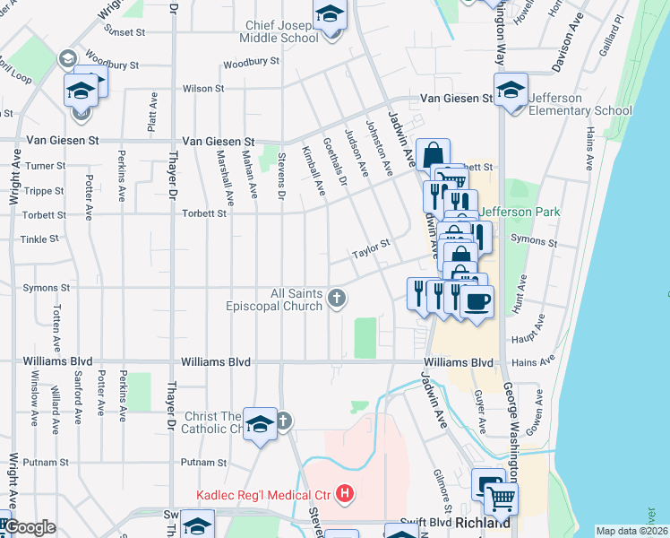 map of restaurants, bars, coffee shops, grocery stores, and more near 1403 Kimball Avenue in Richland
