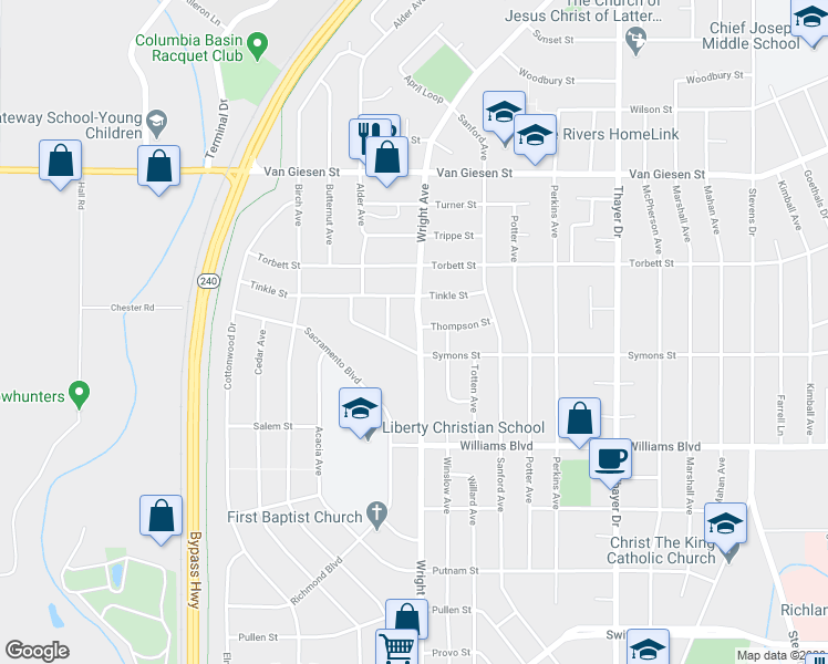 map of restaurants, bars, coffee shops, grocery stores, and more near 1405 Wright Avenue in Richland