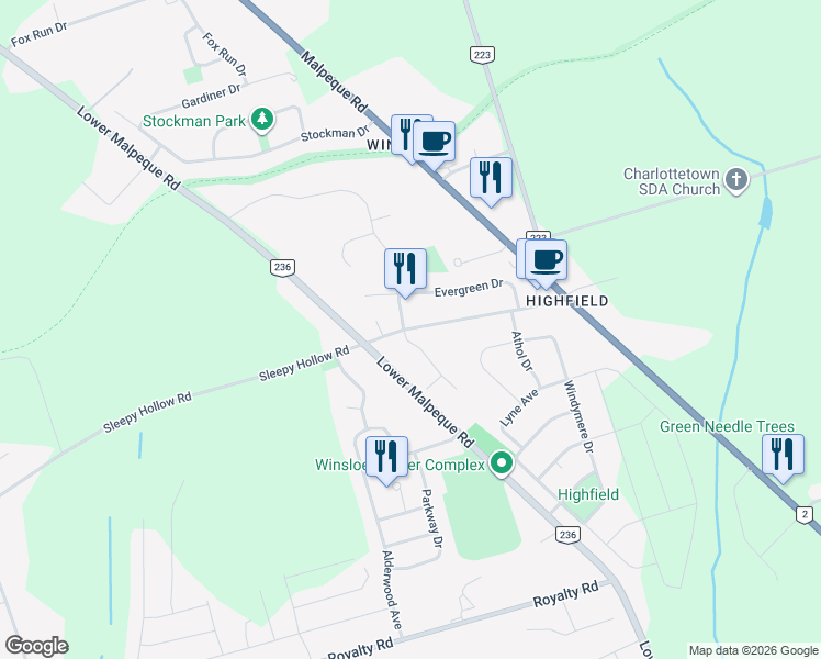 map of restaurants, bars, coffee shops, grocery stores, and more near 50 Melody Lane in Charlottetown