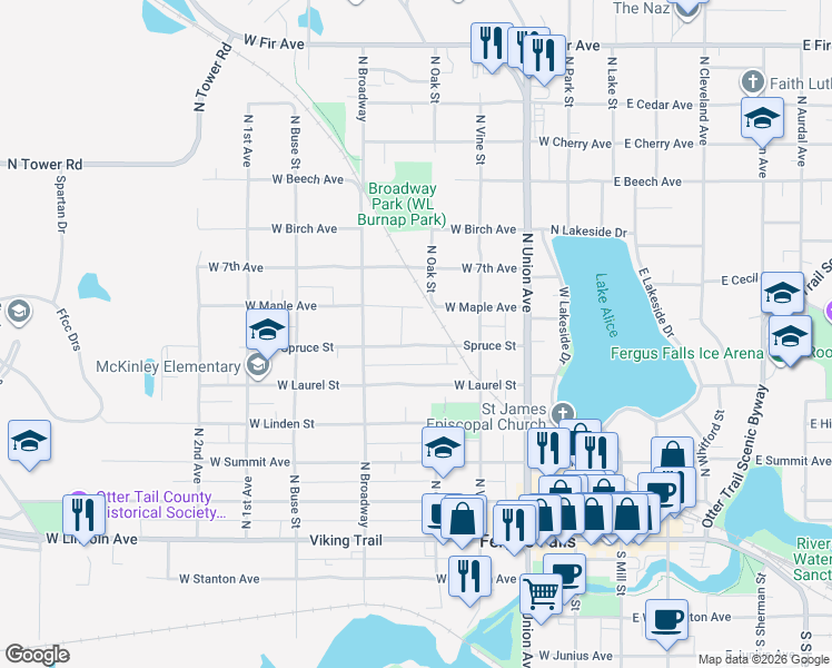 map of restaurants, bars, coffee shops, grocery stores, and more near 517 Spruce Street in Fergus Falls