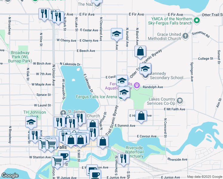 map of restaurants, bars, coffee shops, grocery stores, and more near 417 Friberg Avenue in Fergus Falls