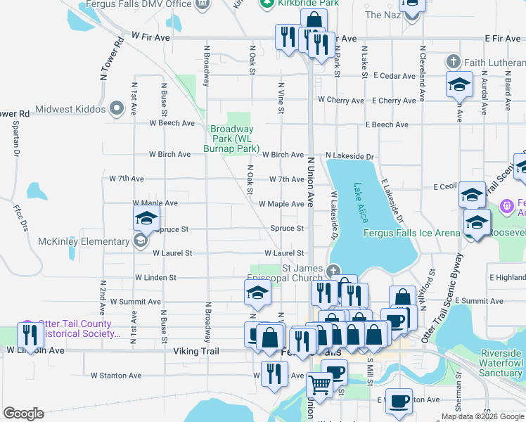 map of restaurants, bars, coffee shops, grocery stores, and more near 418 West Maple Avenue in Fergus Falls