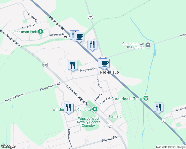 map of restaurants, bars, coffee shops, grocery stores, and more near 29 Melody Lane in Charlottetown