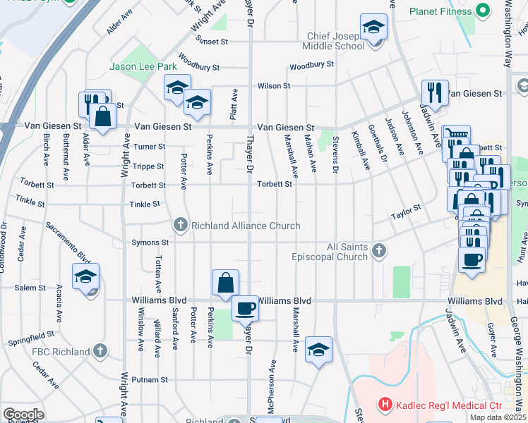 map of restaurants, bars, coffee shops, grocery stores, and more near 1425 McPherson Avenue in Richland