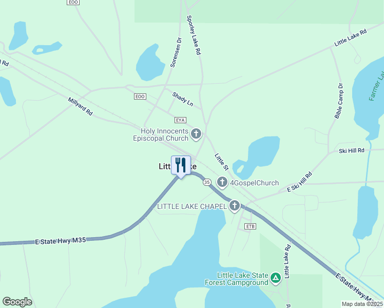 map of restaurants, bars, coffee shops, grocery stores, and more near 1704 Little Lake Road in Skandia
