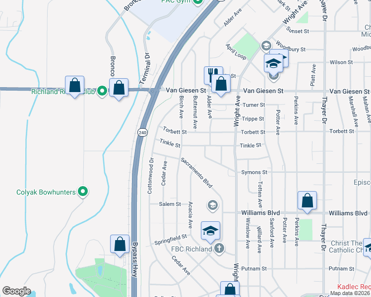map of restaurants, bars, coffee shops, grocery stores, and more near 1401-1499 Birch Ave in Richland