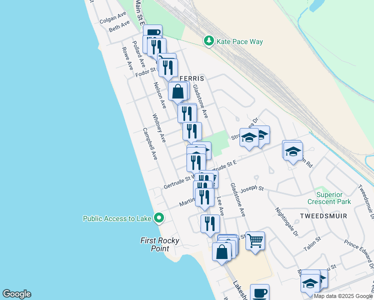 map of restaurants, bars, coffee shops, grocery stores, and more near 7 Passmore Avenue in North Bay