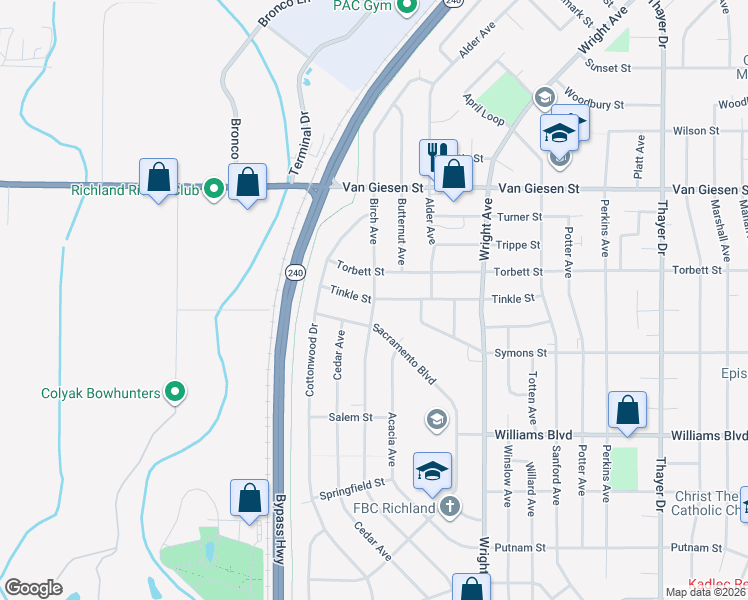 map of restaurants, bars, coffee shops, grocery stores, and more near 1401 Birch Avenue in Richland
