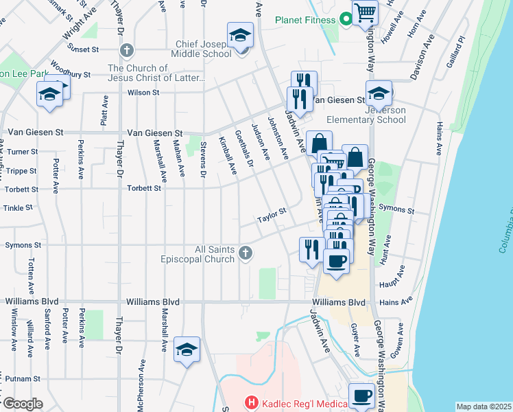 map of restaurants, bars, coffee shops, grocery stores, and more near 1420 Keller Avenue in Richland