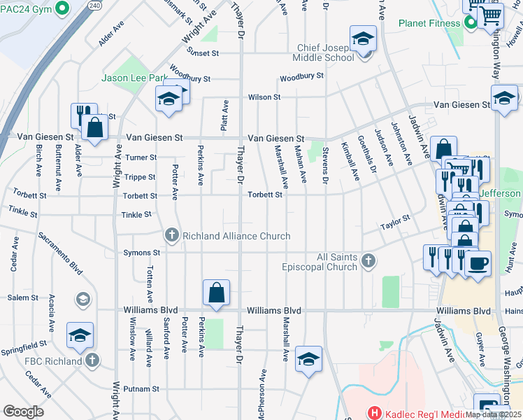 map of restaurants, bars, coffee shops, grocery stores, and more near 1425 McPherson Avenue in Richland
