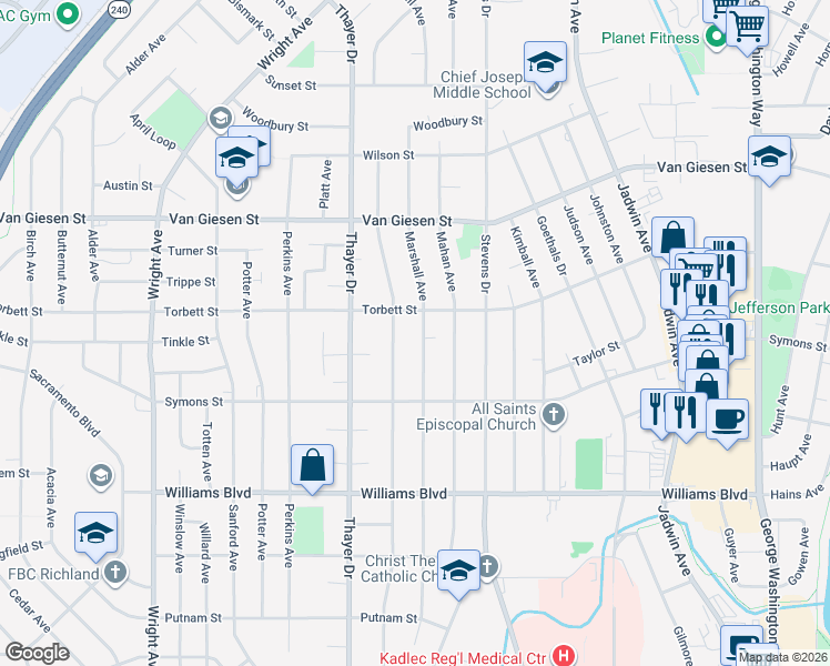 map of restaurants, bars, coffee shops, grocery stores, and more near 1425 Marshall Avenue in Richland