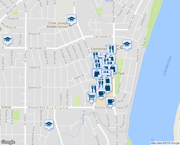 map of restaurants, bars, coffee shops, grocery stores, and more near 505 Taylor Street in Richland